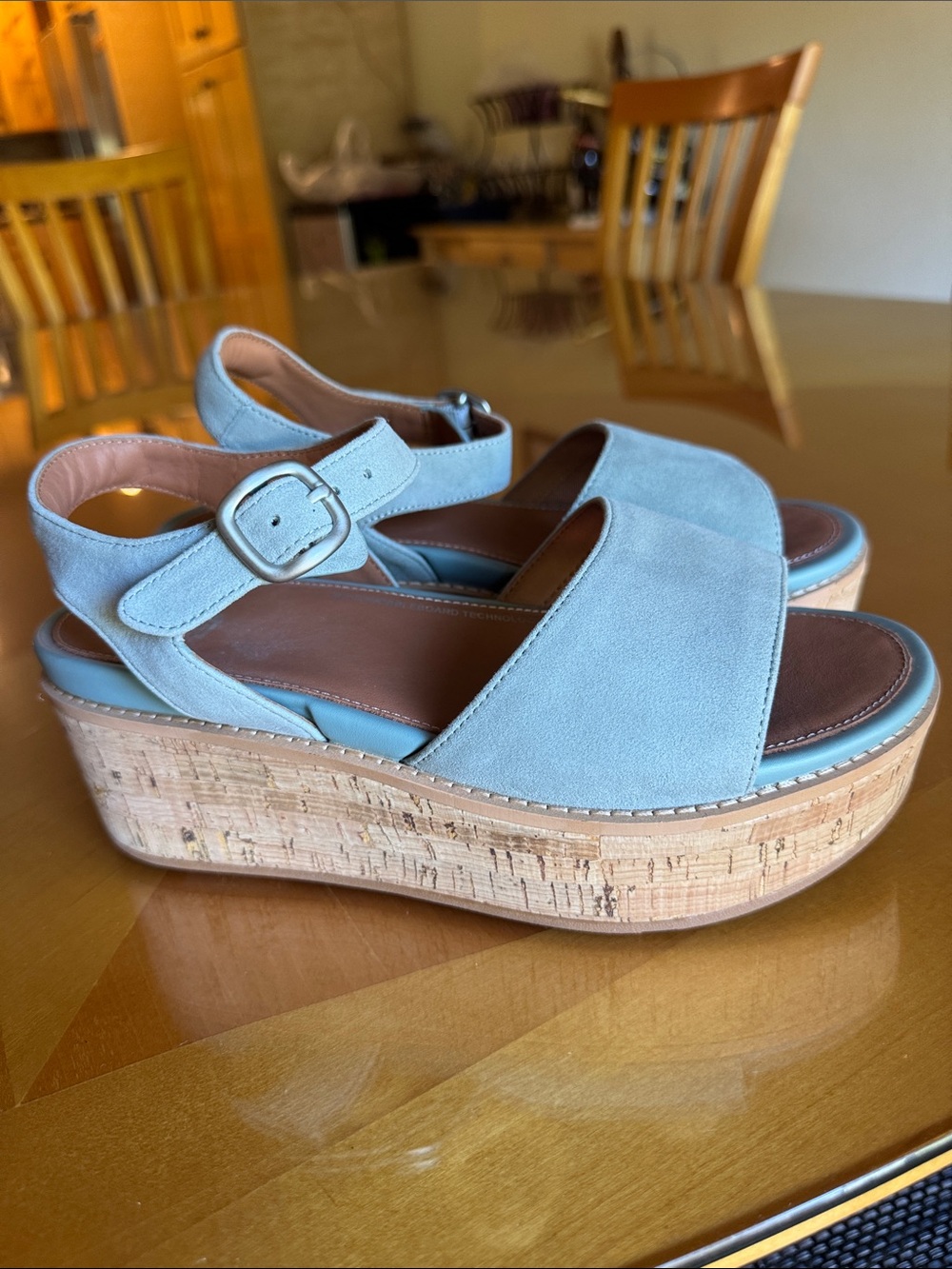 NEW FITFLOP Cool Blue Suede Eloise Cork Wrap Back Strap Wedge Sandals Sz 8 - Picture 2 of 10
